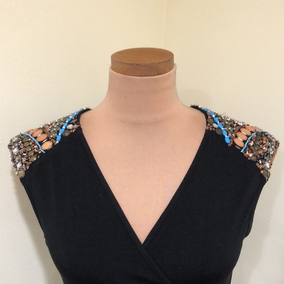 Cache Dress Size Medium Black Coral Bronze Turquoise Beaded Ruched Sheath - Picture 4 of 11